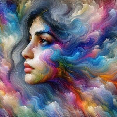 The primary subject of the image is a woman's face, which is the main focus of the image. The setting is a colorful, abstract background that features a cloudy sky. The visual style is a combination of digital art and illustration, creating a unique and artistic representation of the woman's face. The colors and mood of the image are vibrant and lively, with a mix of warm and cool tones that evoke a sense of creativity and imagination.